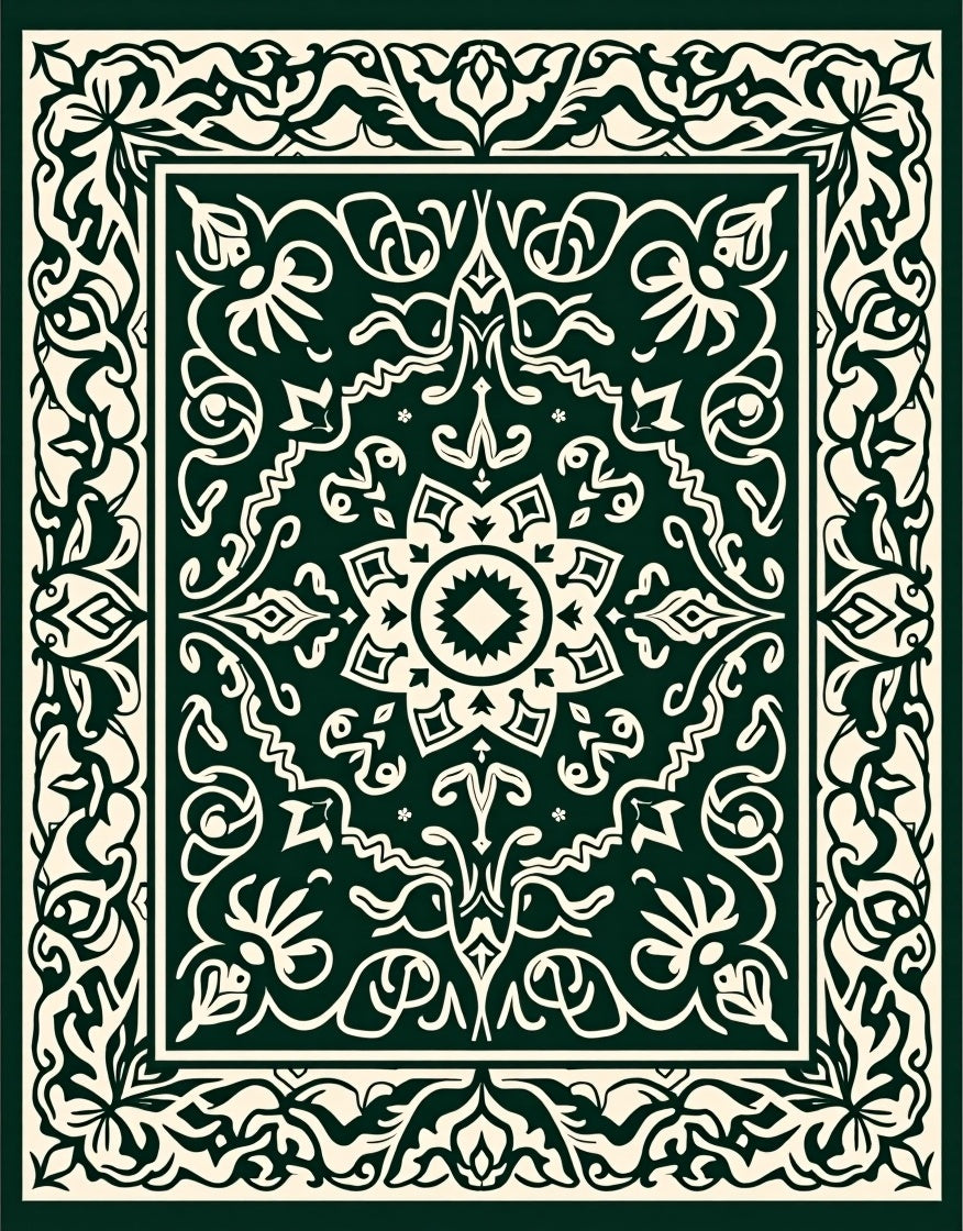 Dark Green Ivory Intricate Floral Pattern Rug