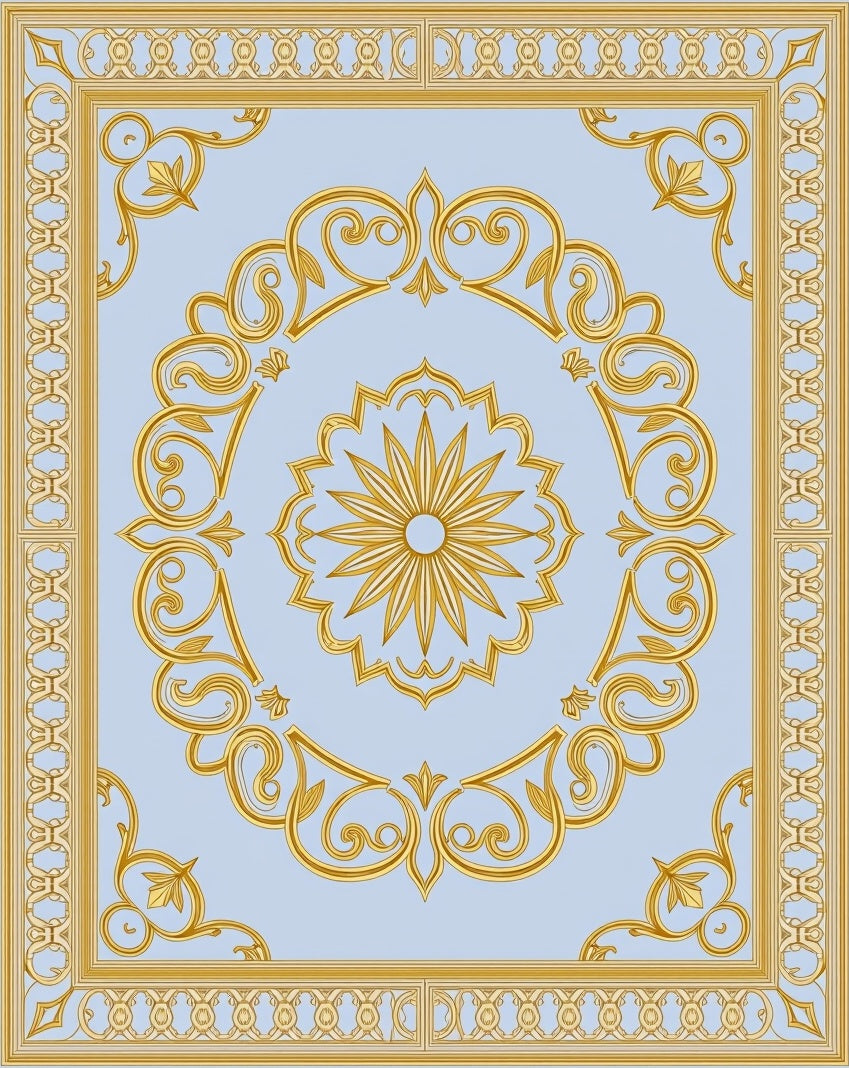 Golden Scrollwork With Sunburst Motif Rug
