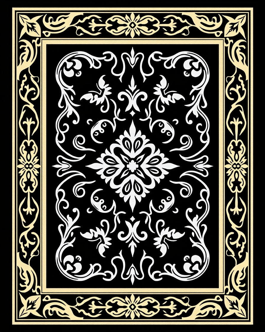 Ornate Black White Floral Border Rug
