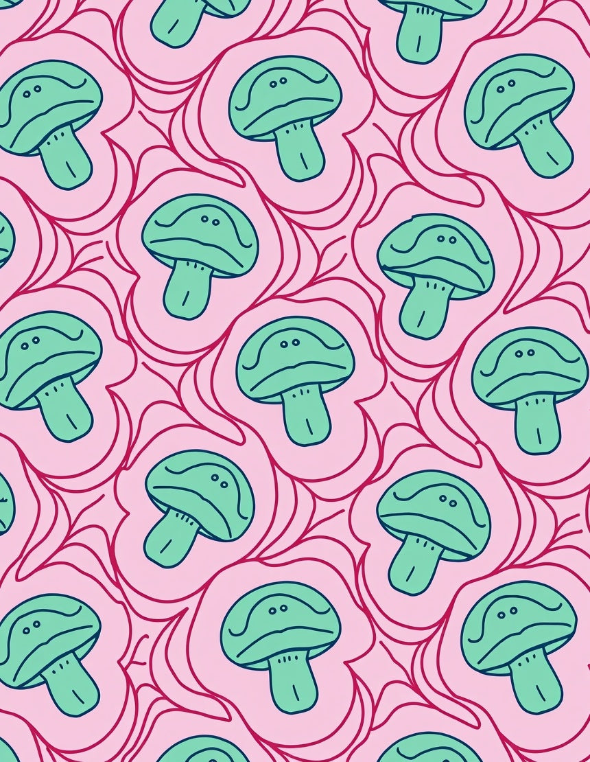 Whimsical Green Mushroom Pink Swirl Rug