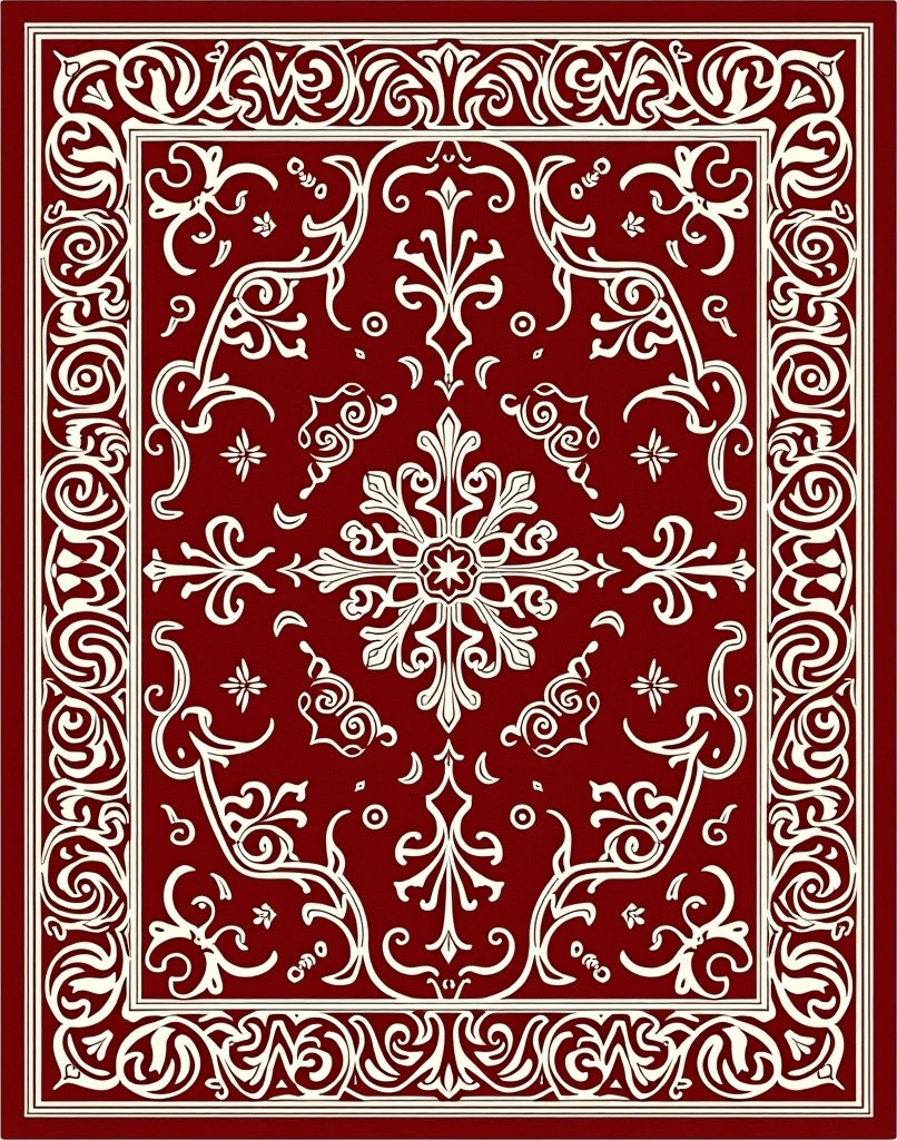 Ornate Red Cream Scroll Pattern Rug