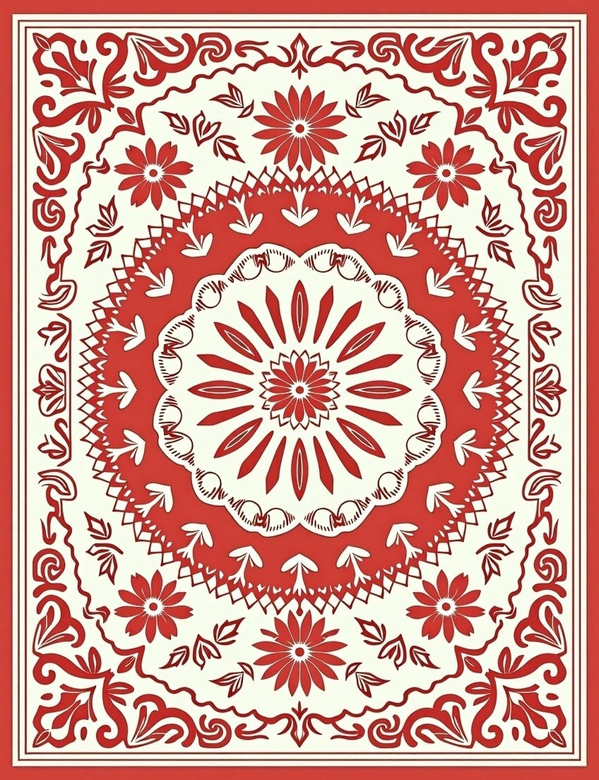 Floral Mandala Patterned Red Rug