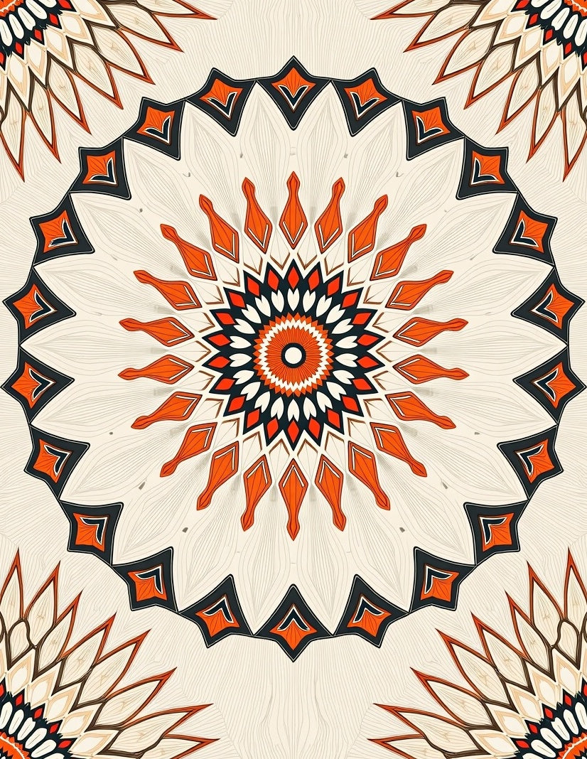 Orange White Black Geometric Mandala Rug