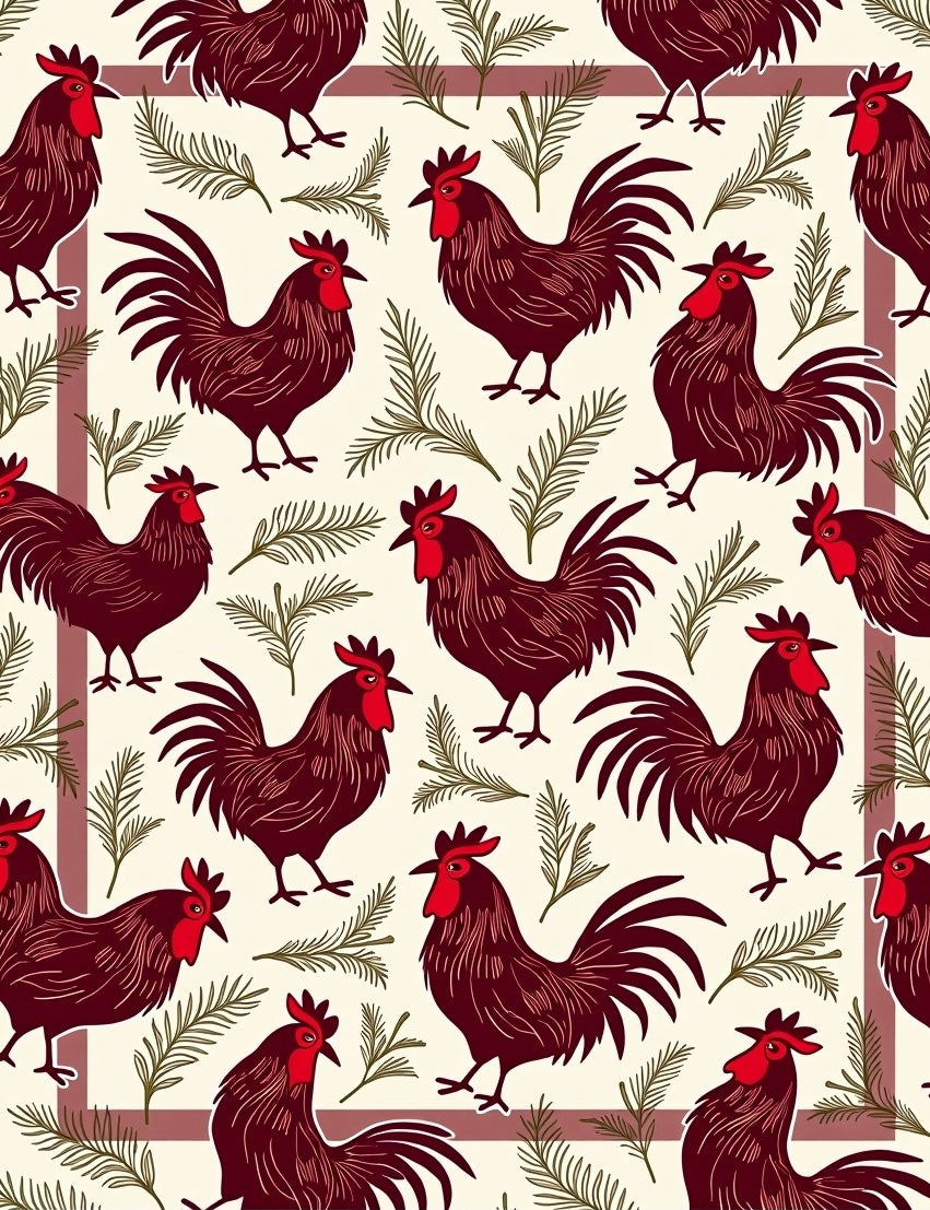 Charming Rooster Pine Sprig Pattern Rug