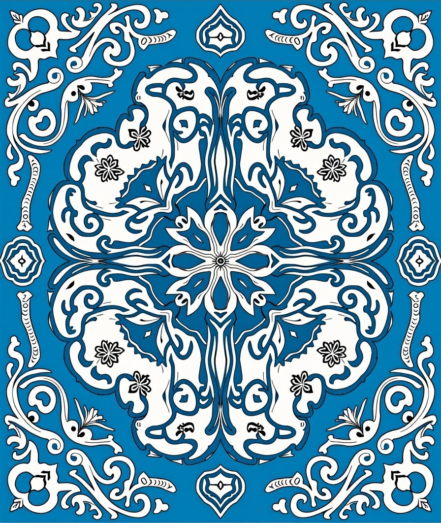 Blue White Intricate Floral Pattern Rug