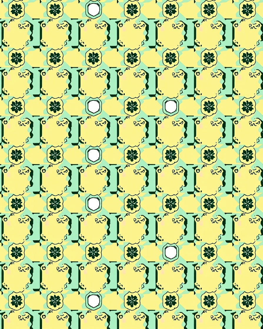 Quirky Floral Emblem Teal and Yellow Pattern Rug