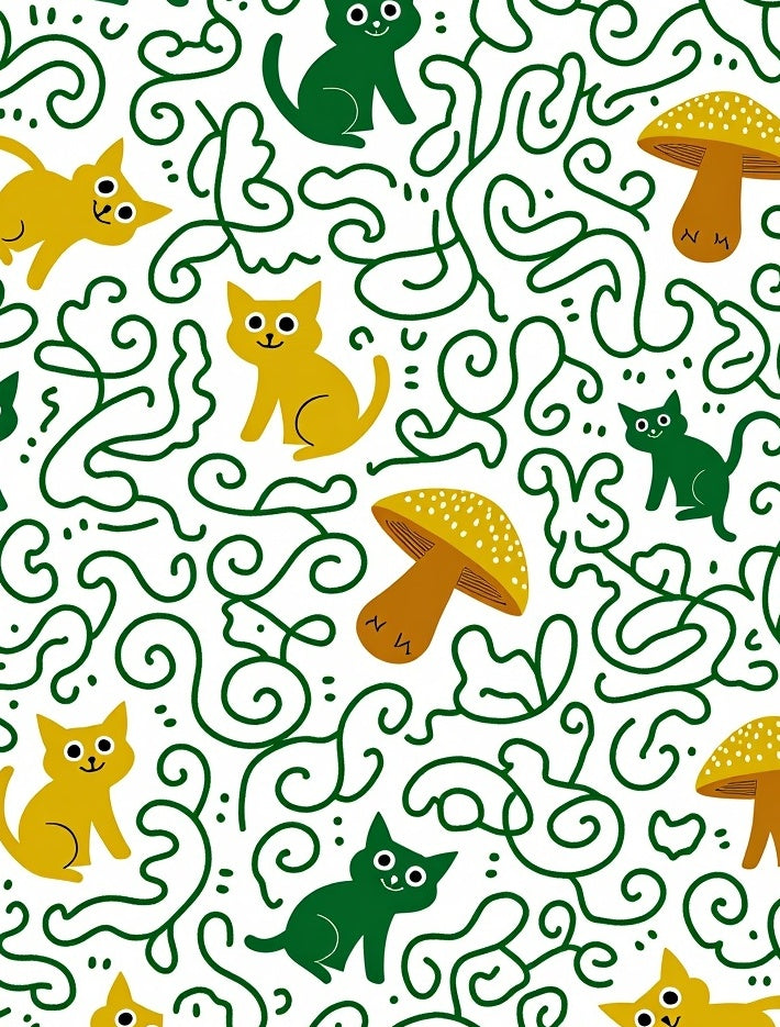 Whimsical Cats and Mushrooms Pattern Rug