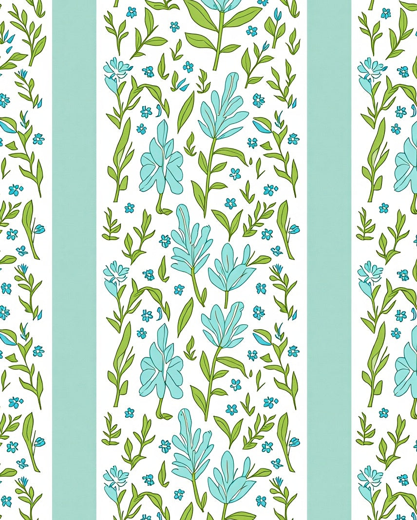Blue Floral Vines Green Leaf Pattern Rug