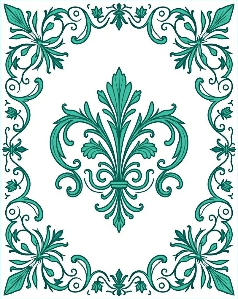 Teal Floral Scroll Border Design Rug