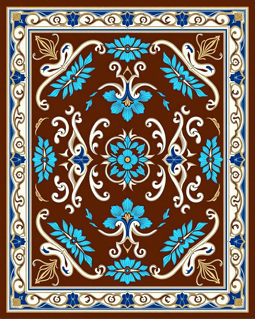 Ornate Teal Floral Brown Pattern Design Rug