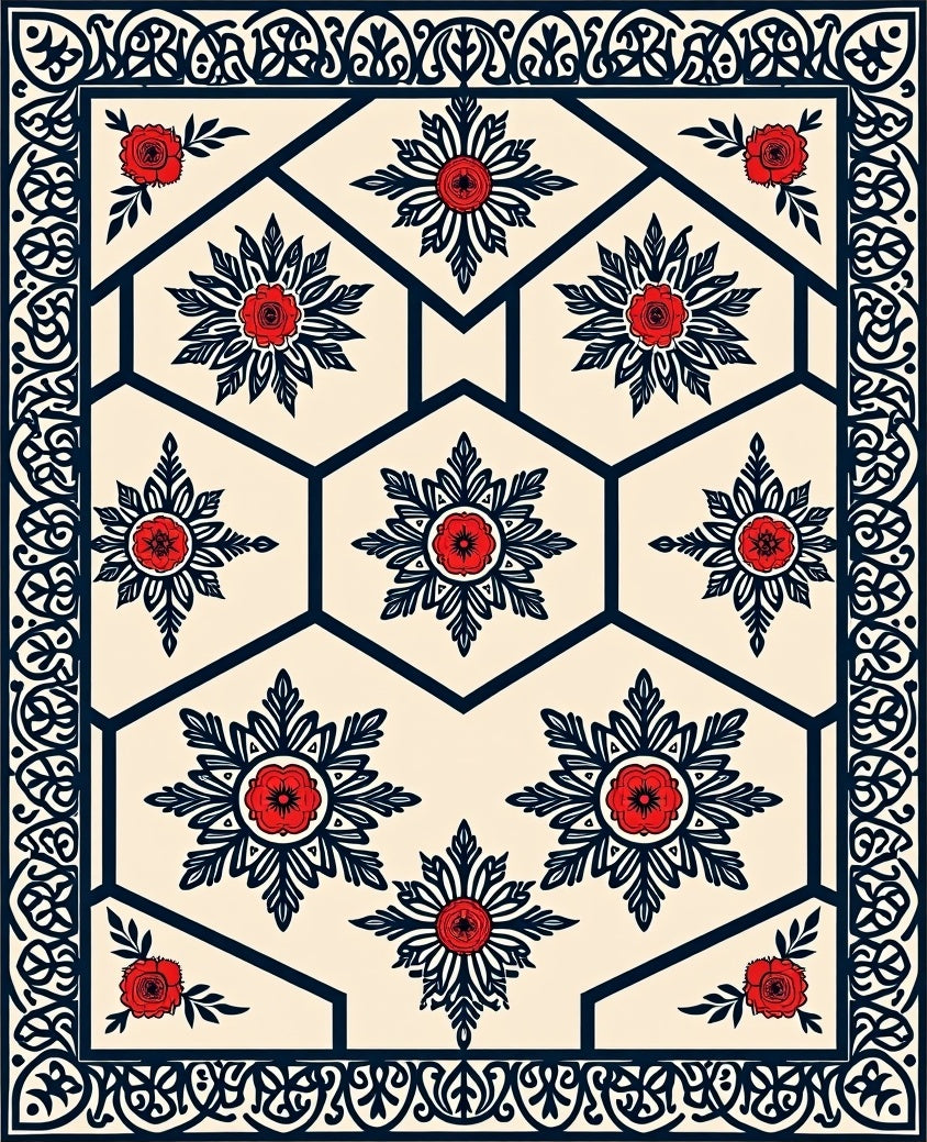 Intricate Red Floral Geometric Border Rug