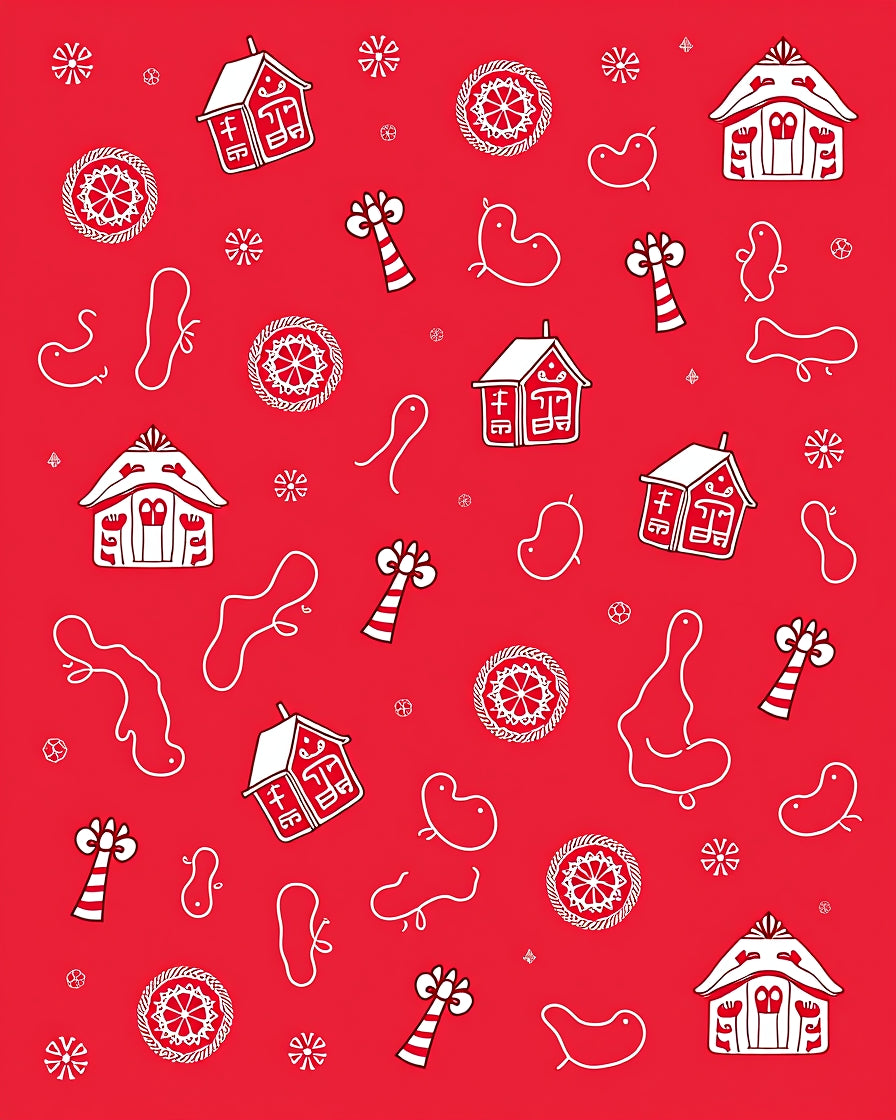 Red Folk Motif Houses Snowflakes Rug
