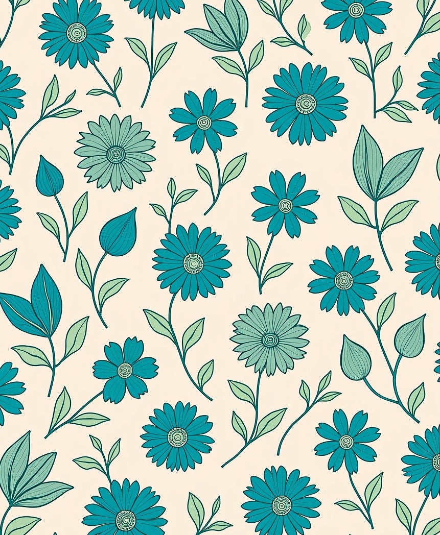 Teal Flower and Leaf Pattern Rug