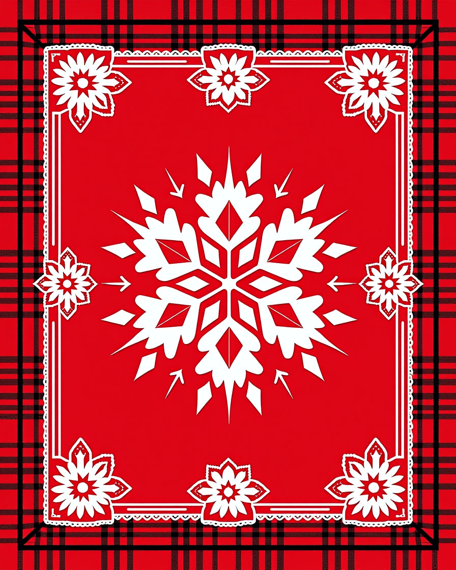 Red Plaid Snowflake Floral Design Rug