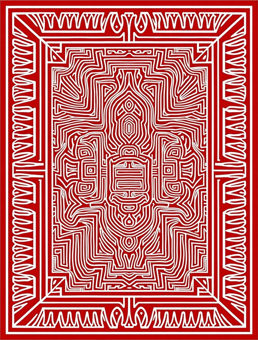 Intricate Red White Maze Design Rug