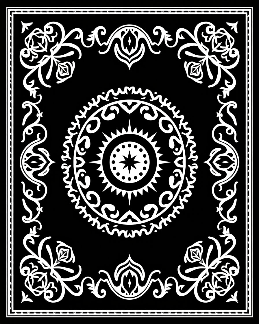 Ornate Floral Mandala Black and White Design Rug