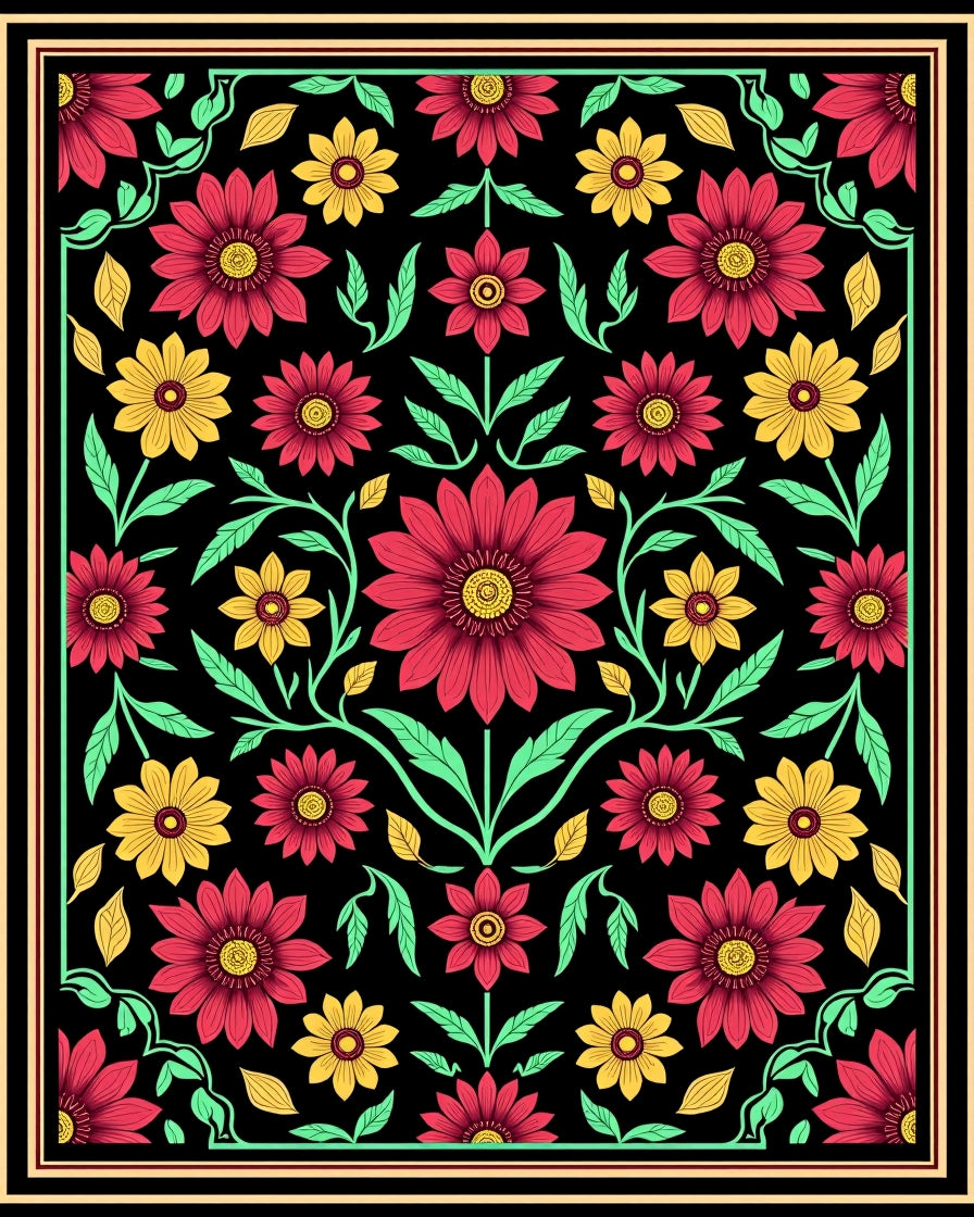 Floral Vine Red Yellow Pattern Rug