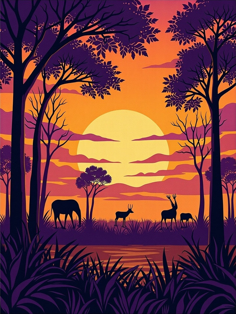 African Sunset Wildlife Scene Rug