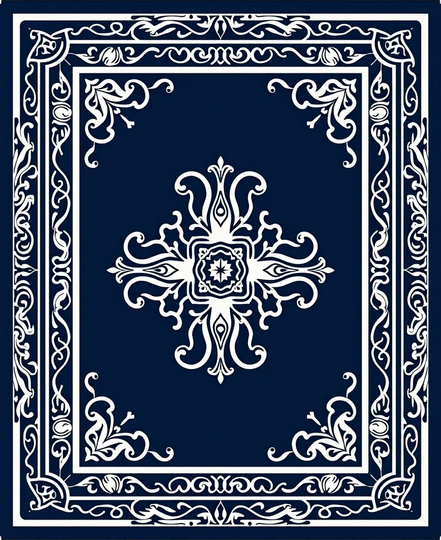Elegant Ornate White Floral Dark Blue Rug