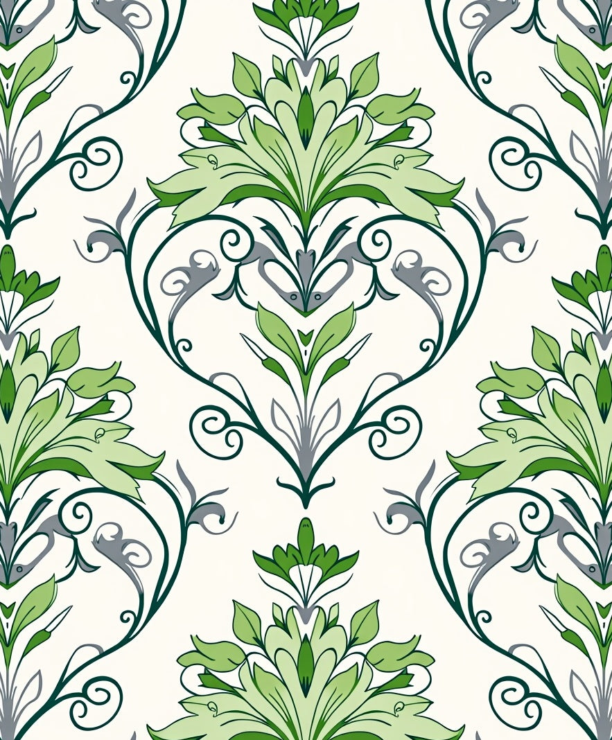 Elegant Green Floral Damask Pattern Rug