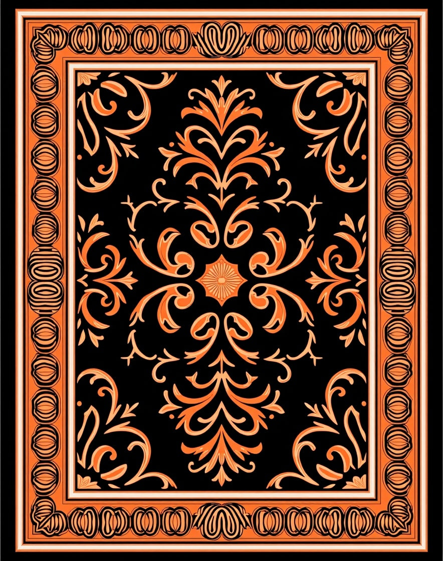 Orange Floral Elegant Damask Pattern Rug