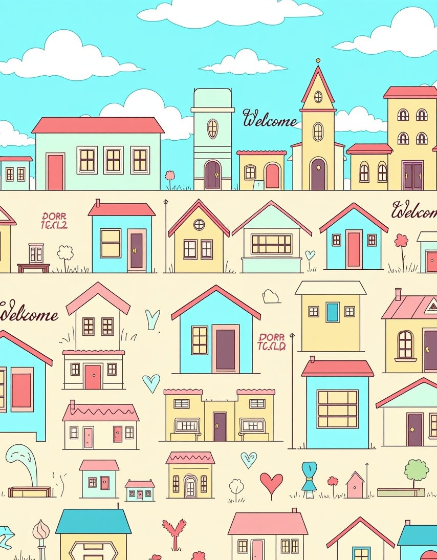 Whimsical Village Houses Pattern Rug