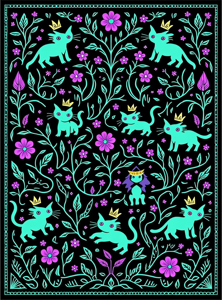 Whimsical Cats Floral Crown Pattern Rug