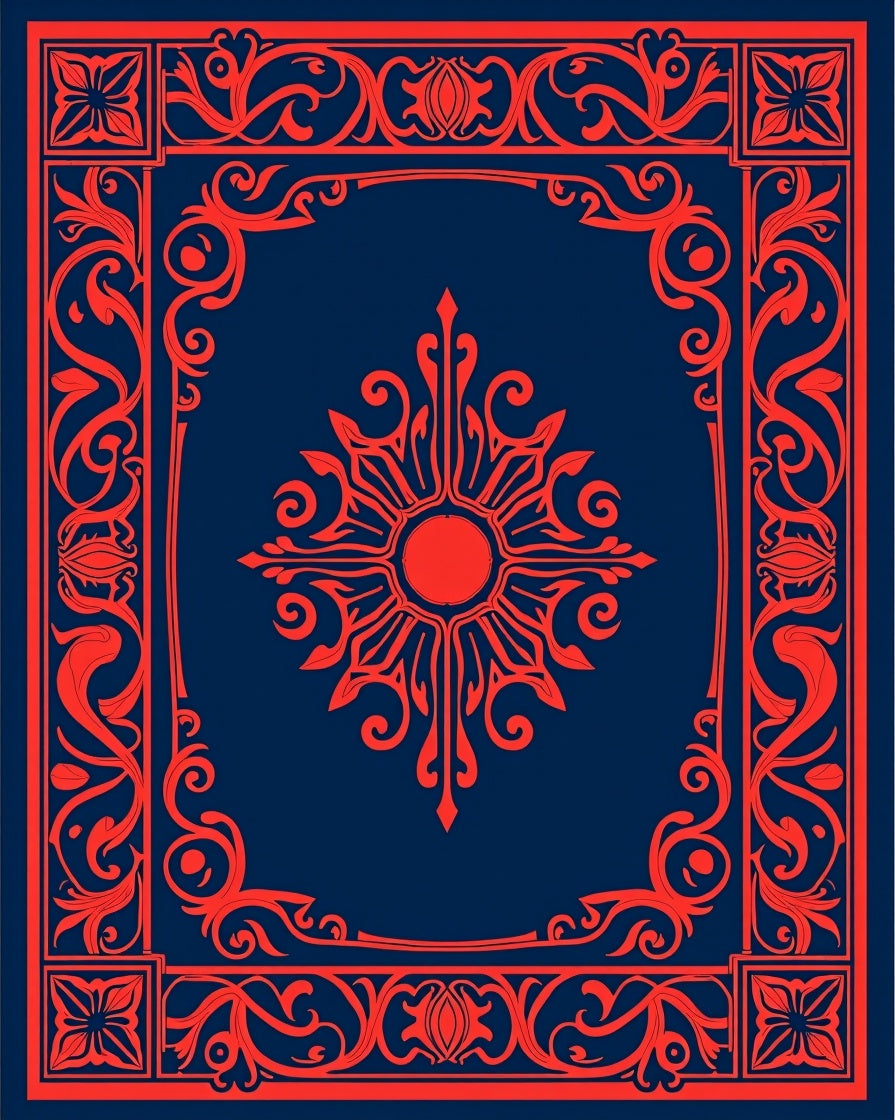 Intricate Red Blue Sunburst Floral Border Rug