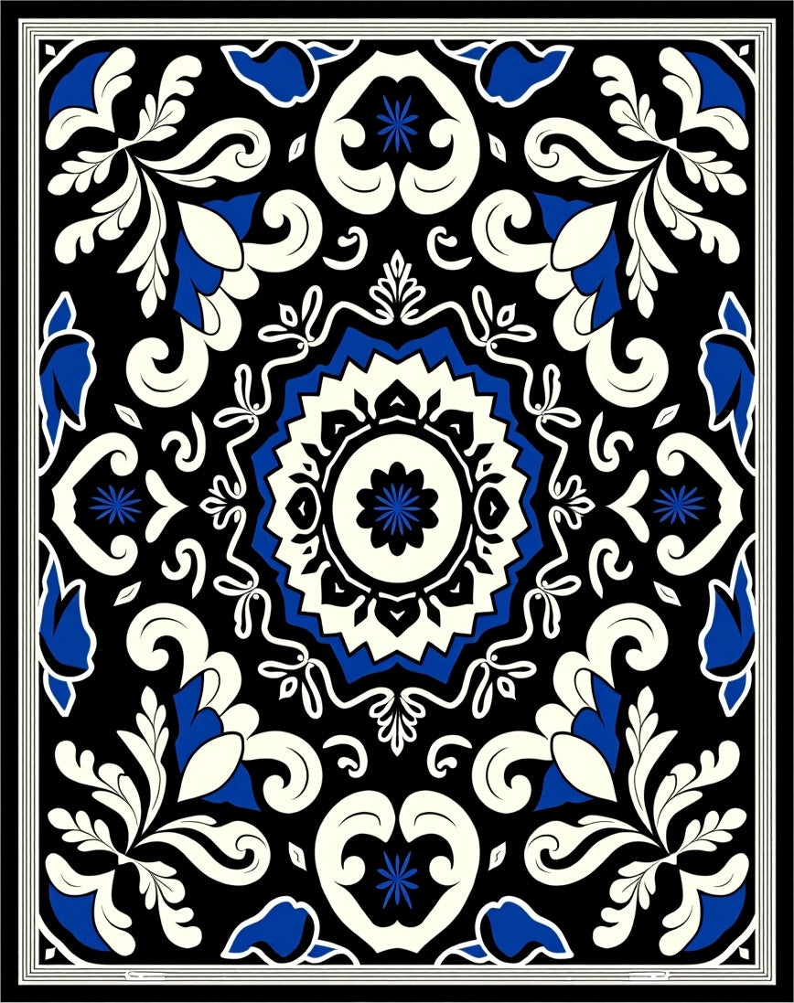 Classic Floral Medallion Black and Blue Rug