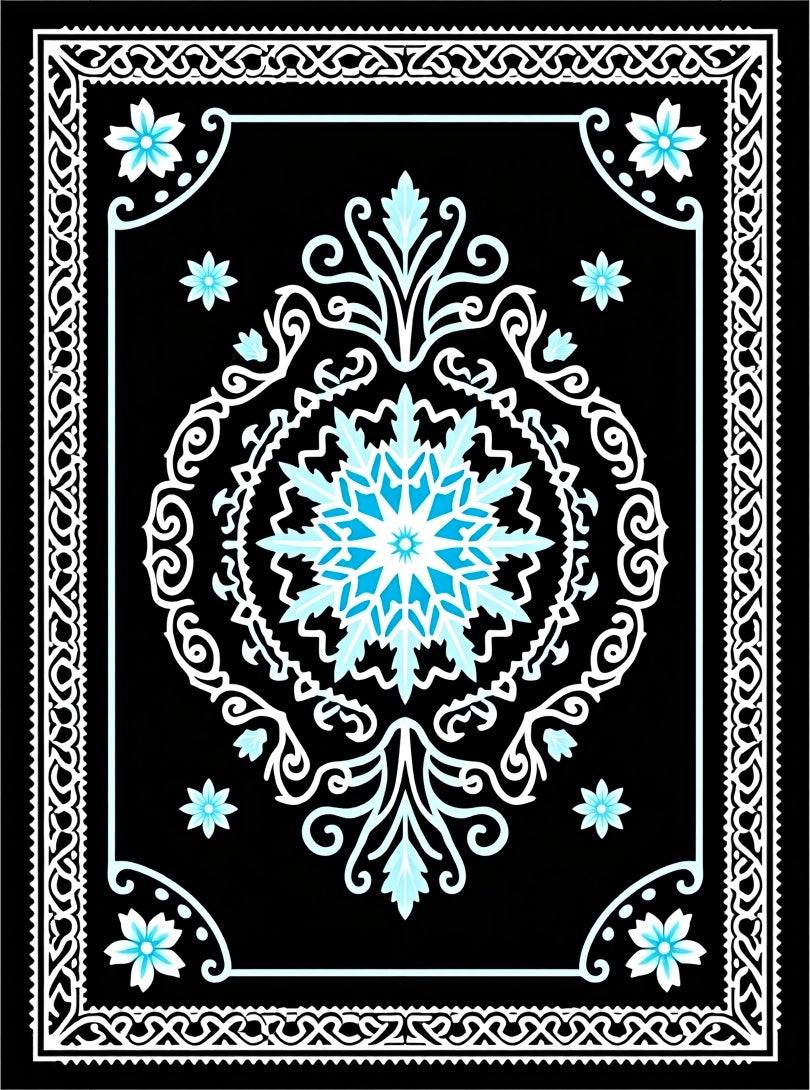 Black Cyan Floral Mandala Border Rug