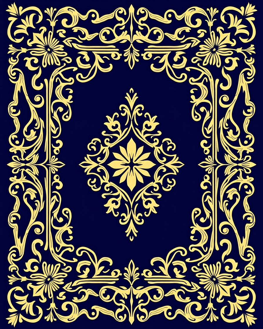 Ornate Yellow Floral Scrollwork Design Rug
