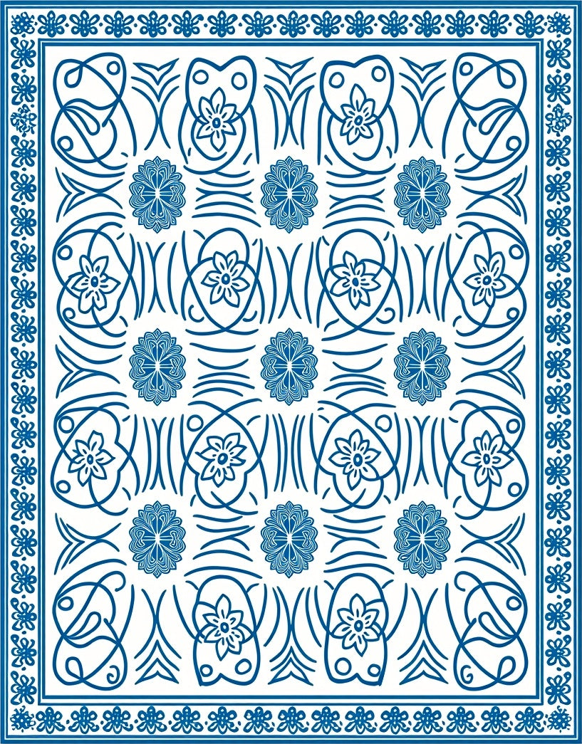 Floral Vine Patterned Blue Rug