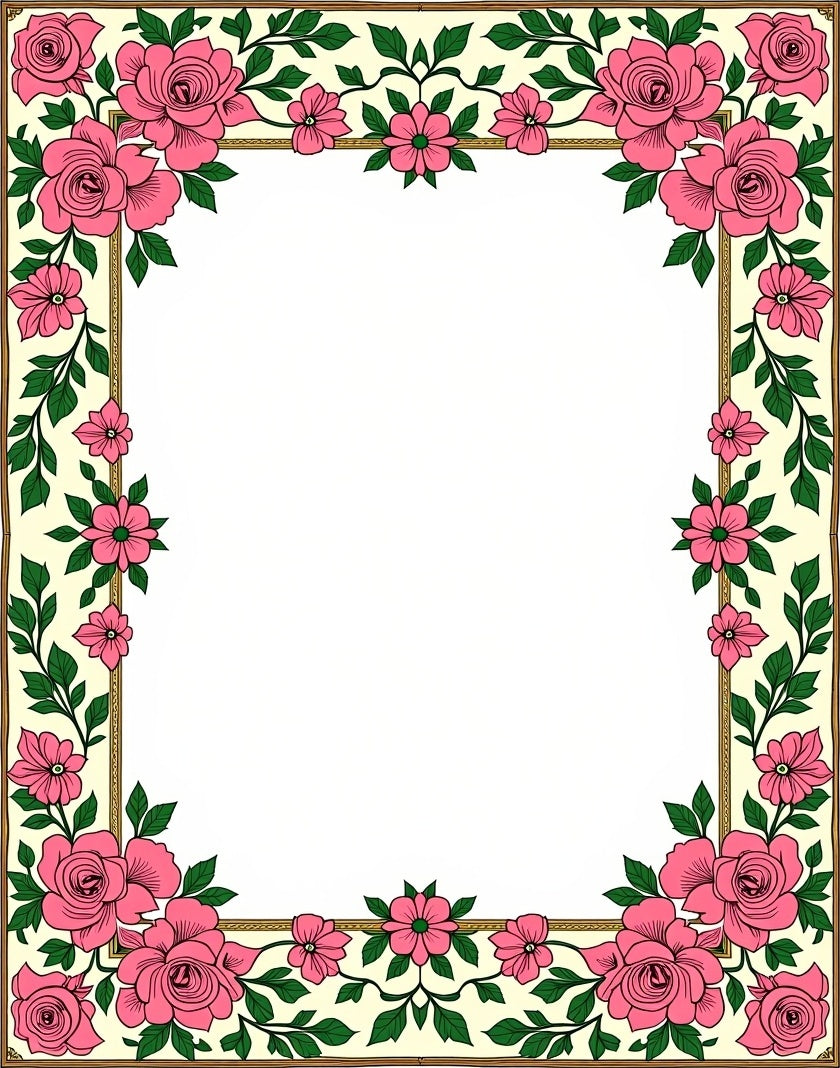 Elegant Pink Rose Floral Border Pattern Rug