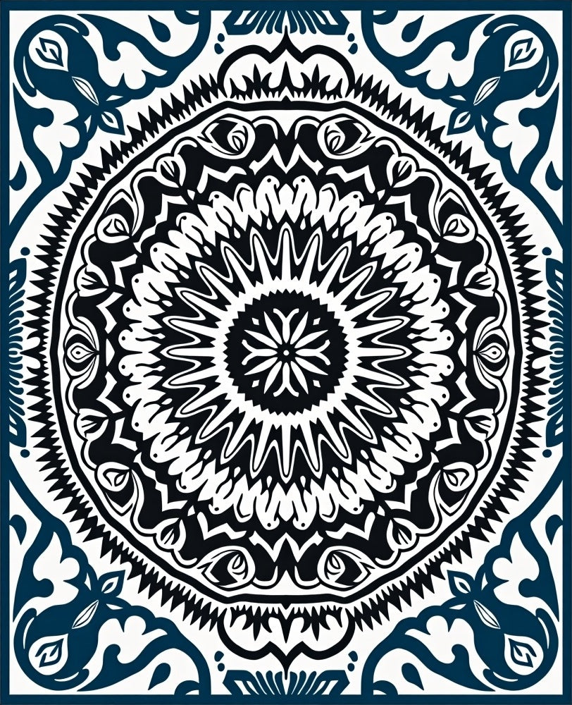 Intricate Mandala Patterned Navy and White Rug