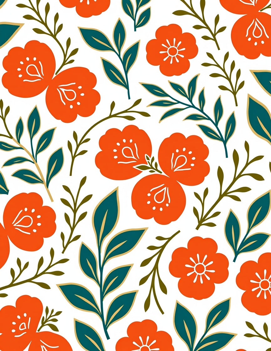 Orange Floral Botanical Pattern Rug