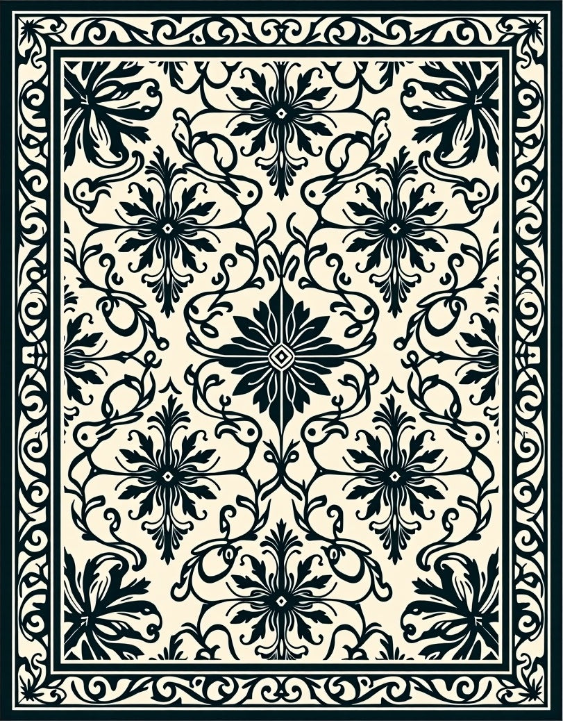 Ornate Black Floral Symmetry Rug