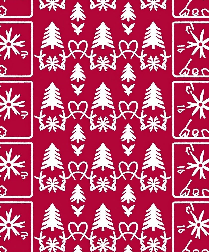 White Festive Trees Hearts Snowflakes Rug