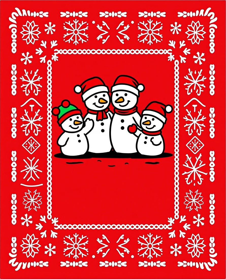 Joyful Snowman Family Snowflake Border Rug