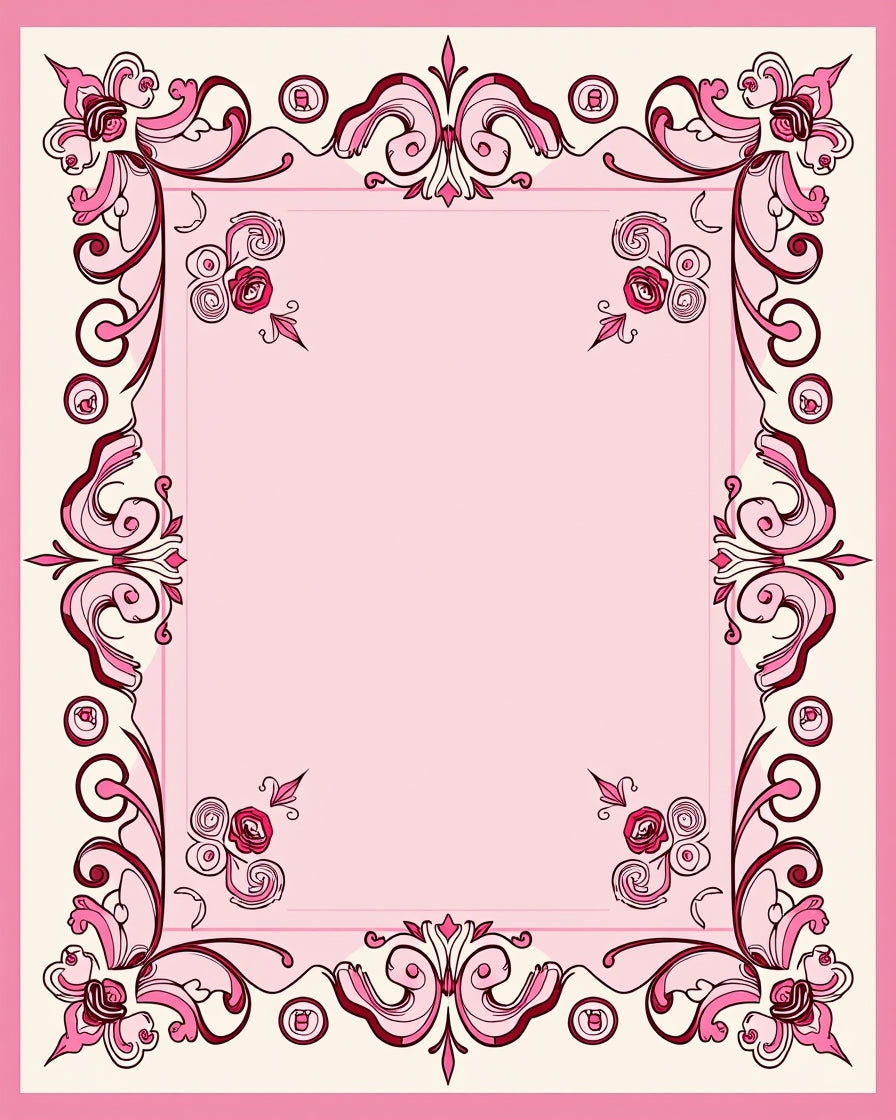 Pink Floral Scroll Border Design Rug