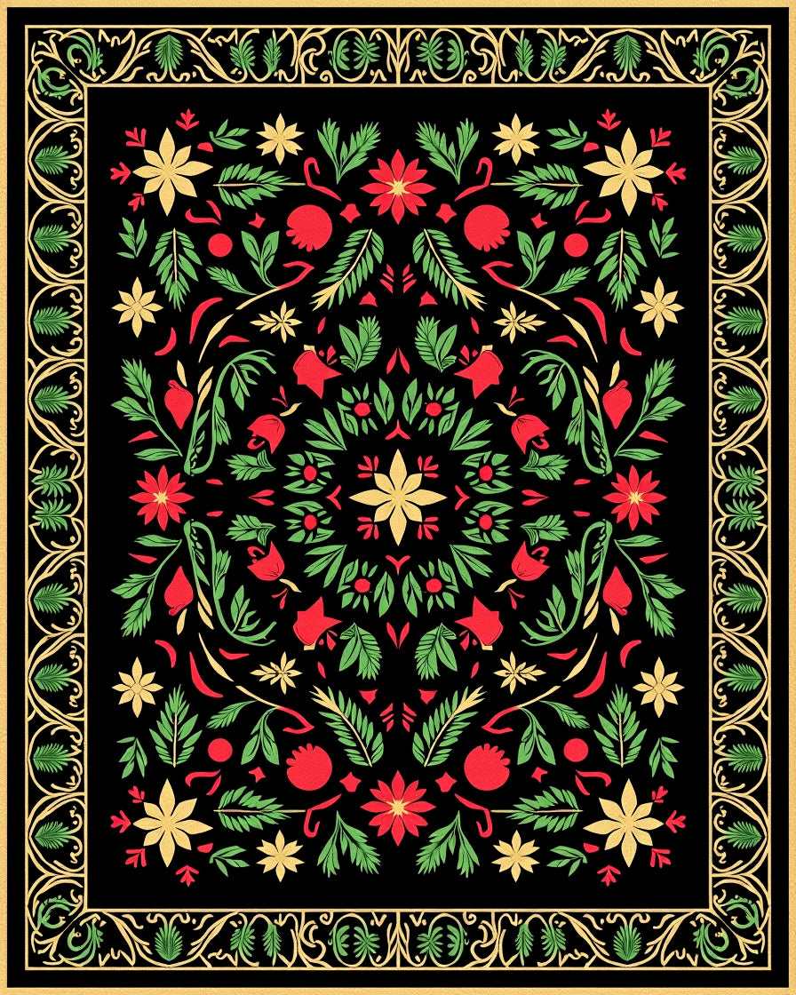 Black Floral Medallion Red Green Gold Rug