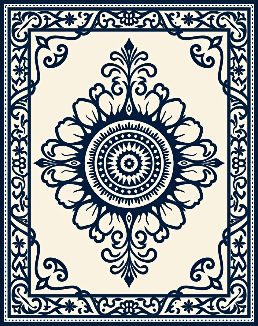 Classic Dark Navy Intricate Floral Design Rug