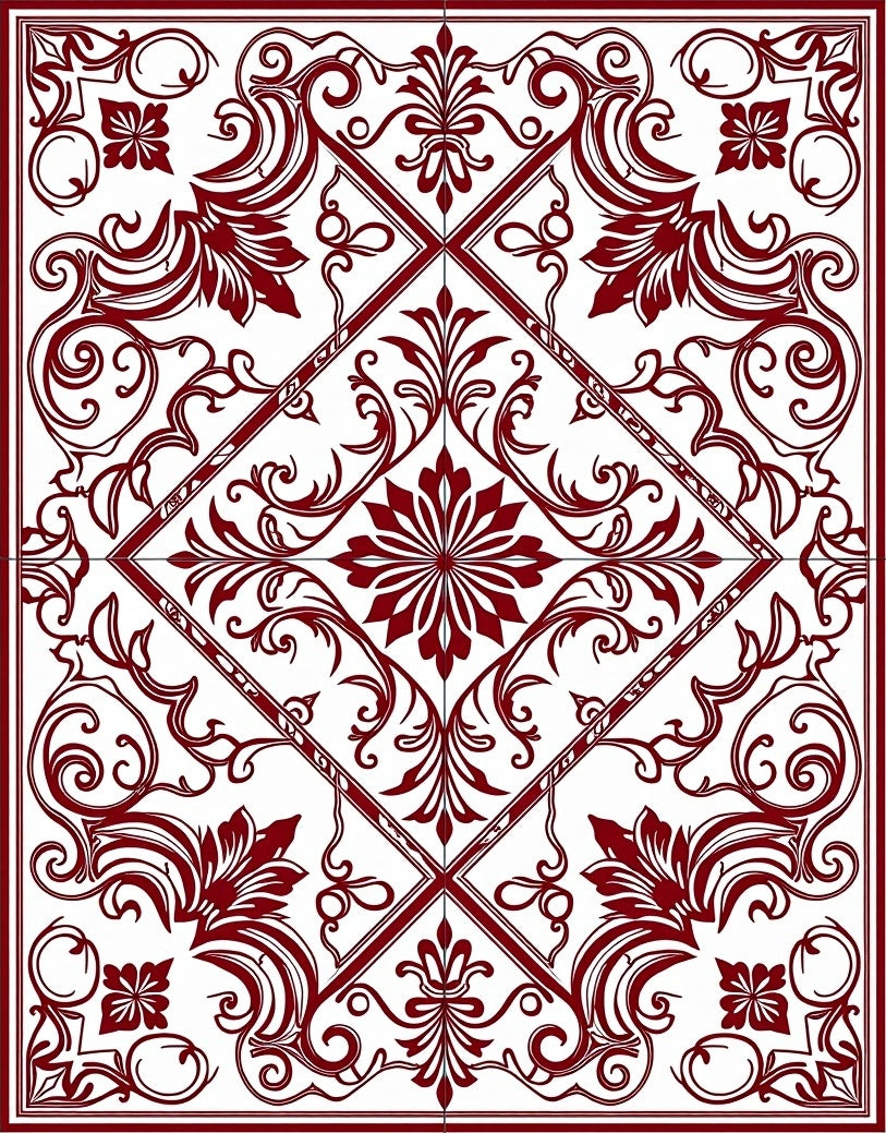 Elegant Red Scrollwork Floral Pattern Rug