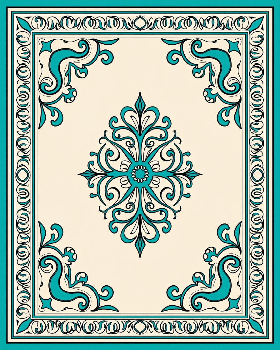 Ornate Teal Cream Scroll Rug