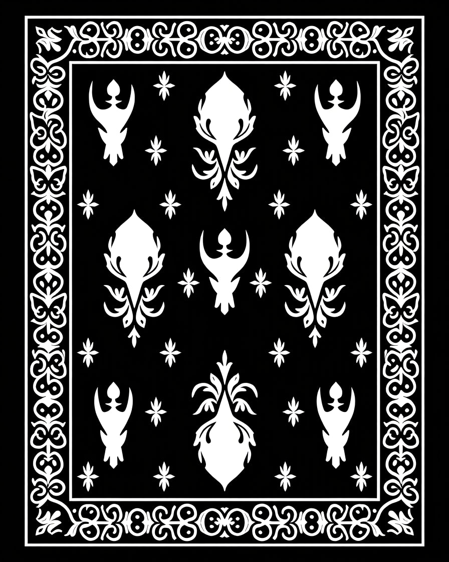 Ornate Black White Damask Pattern Rug