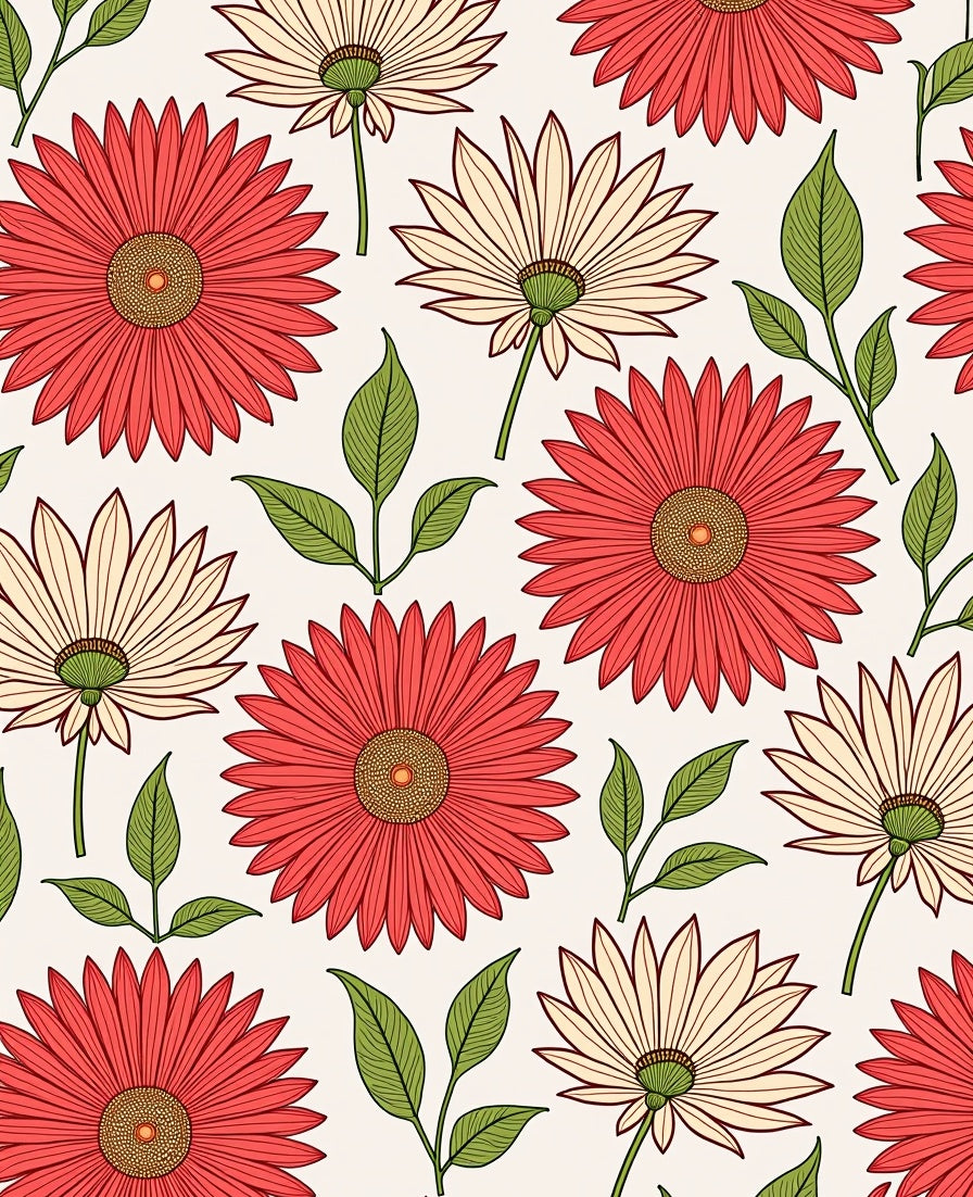 Red Cream Daisy Floral Pattern Rug