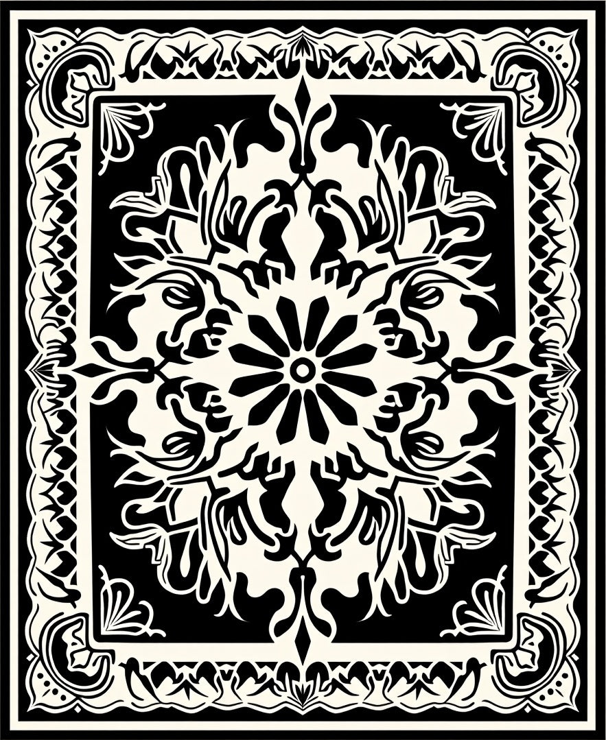 Black and Cream Ornamental Medallion Design Rug