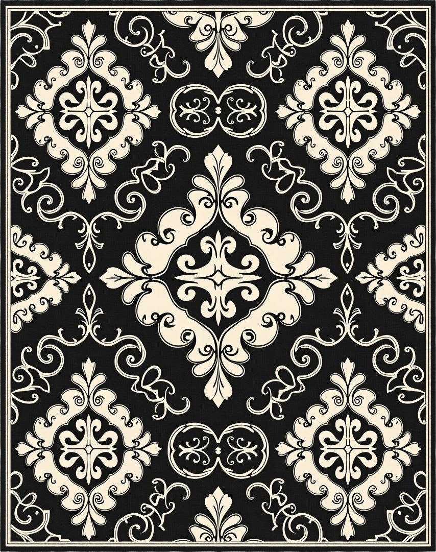 Black Beige Damask Pattern Rug