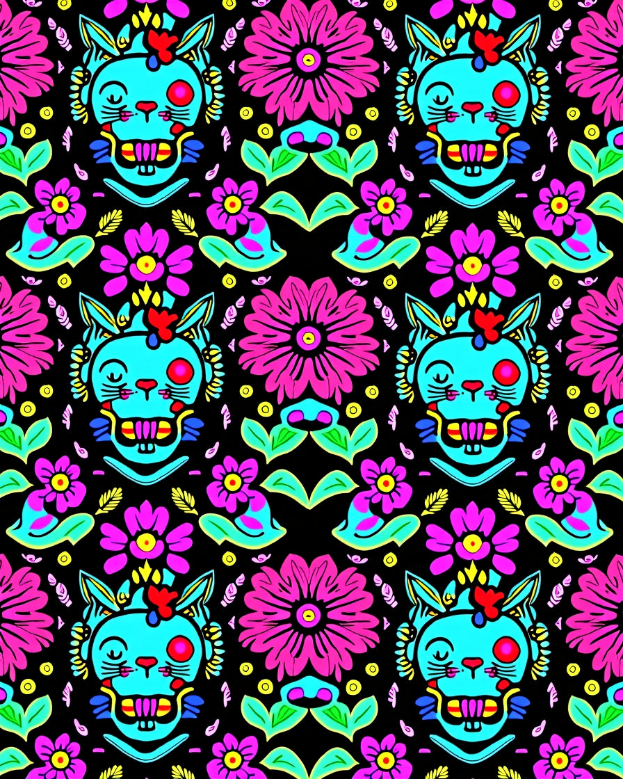 Vibrant Cat Floral Pattern Design Rug