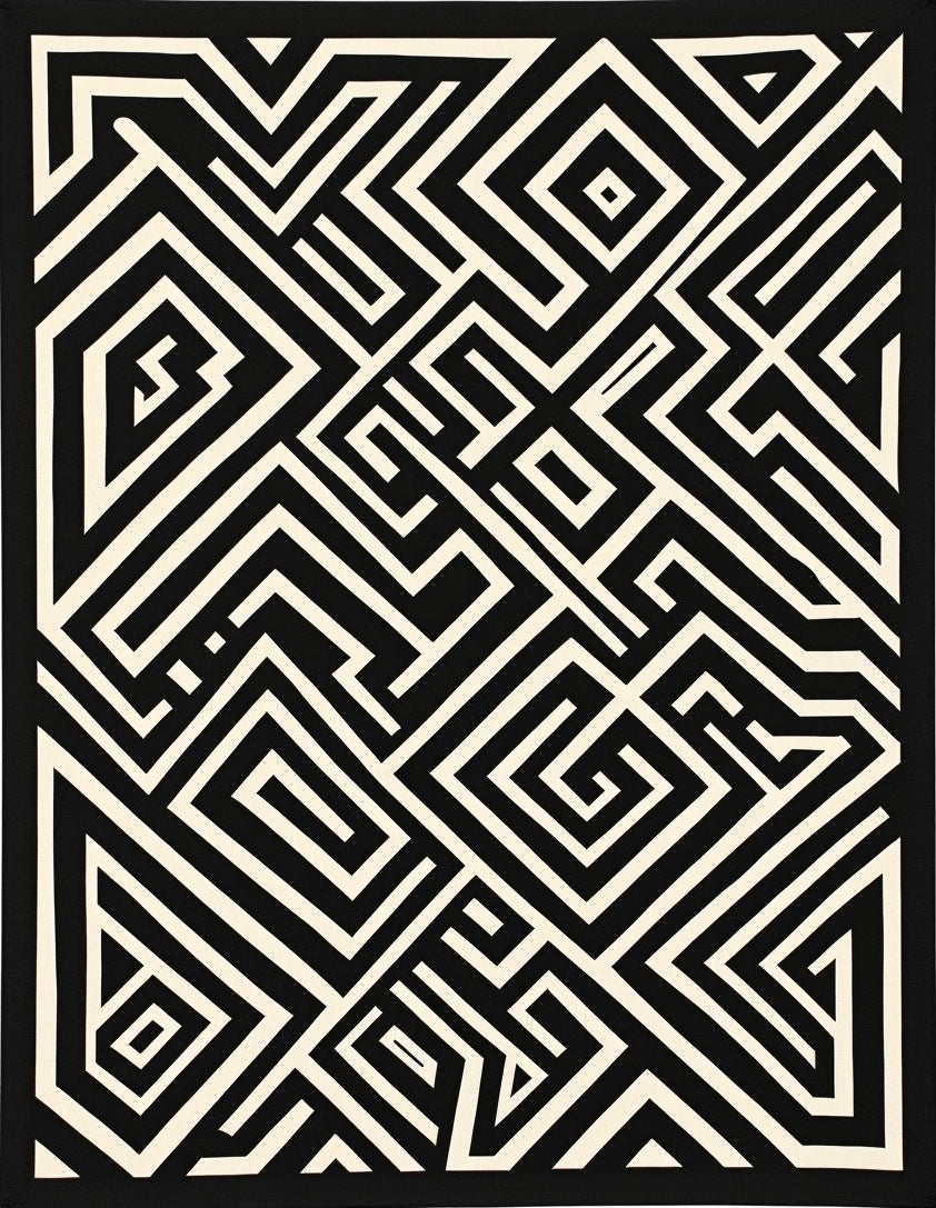 Bold Black White Geometric Maze Rug