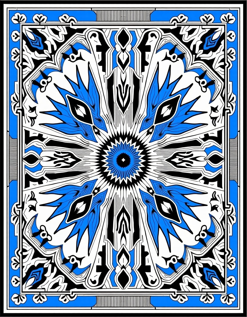 Intricate Blue And White Geometric Design Rug